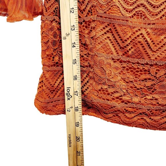 Rust Orange Lace & Sheer Ruffle Sleeve Crop Top By Blåshe Size M - Picture 6 of 10